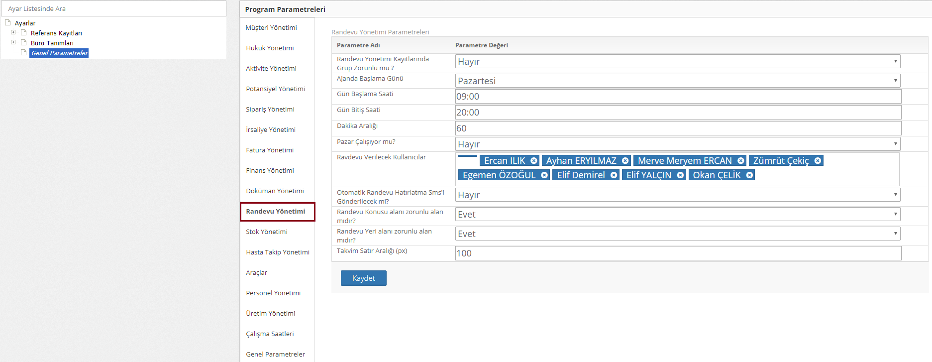 randevu yönetimi ayarları
